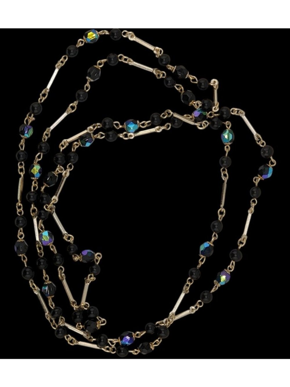 Glam Goth Black & Silver-Tone Beaded Necklace With Iridescent Accents